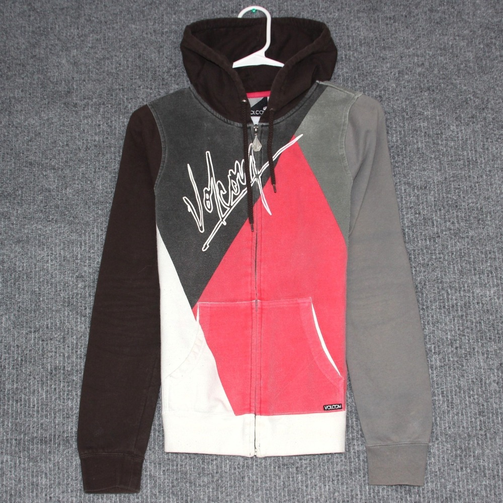 Volcom Color Block Zip Up Hoodie Sweatshirt Kids Medium M Brown Gray Red White